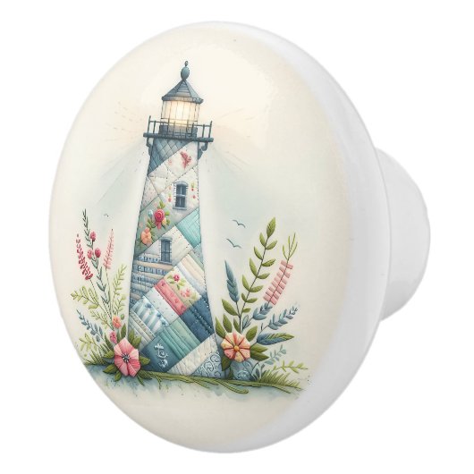 Patchwork Lighthouse Coastal Floral Scene Keramische Knop (Rechts)