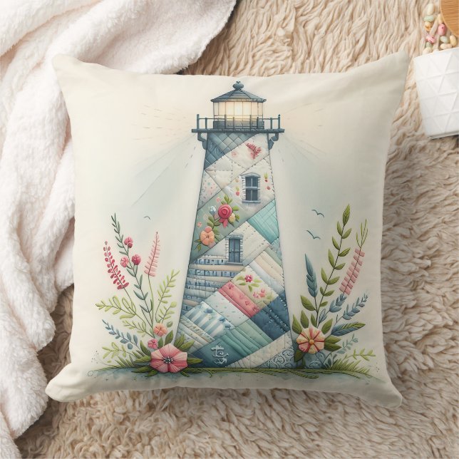 Patchwork Lighthouse Coastal Floral Scene Kussen (Deken)