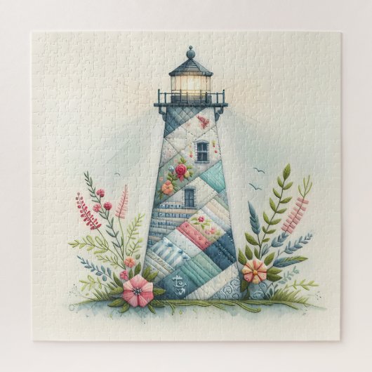 Patchwork Lighthouse Coastal Floral Scene Legpuzzel (Verticaal)