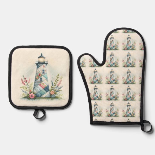 Patchwork Lighthouse Coastal Floral Scene Ovenwant & Pannenlap Set (Voorkant)