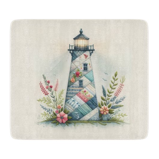 Patchwork Lighthouse Coastal Floral Scene Snijplank (Voorkant)