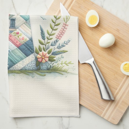 Patchwork Lighthouse Coastal Floral Scene Theedoek (Quarter Fold)