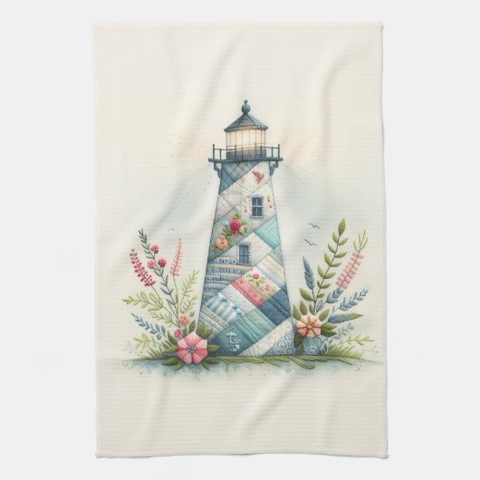 Patchwork Lighthouse Coastal Floral Scene Theedoek (Verticaal)