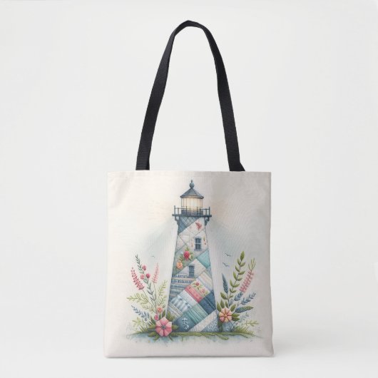 Patchwork Lighthouse Coastal Floral Scene Tote Bag (Voorkant)
