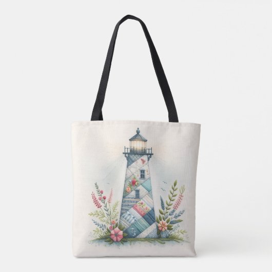 Patchwork Lighthouse Coastal Floral Scene Tote Bag (Achterkant)