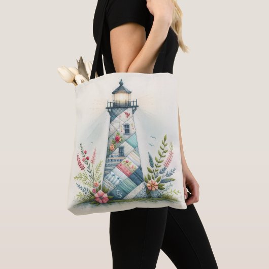 Patchwork Lighthouse Coastal Floral Scene Tote Bag (Dichtbij)