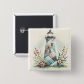 Patchwork Lighthouse Coastal Floral Scene Vierkante Button 5,1 Cm (Voorkant /achterkant)