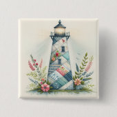 Patchwork Lighthouse Coastal Floral Scene Vierkante Button 5,1 Cm (Voorkant)