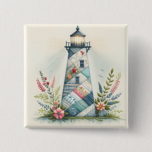 Patchwork Lighthouse Coastal Floral Scene Vierkante Button 5,1 Cm (Voorkant)