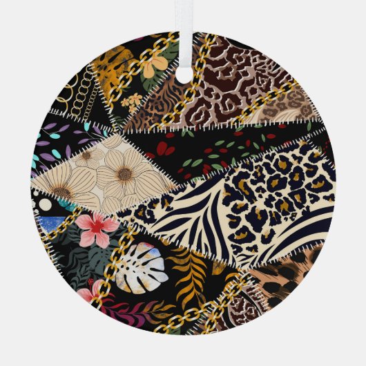 Patchwork luipaard: Etnisch lijnontwerp. Glas Ornament (Achterkant)