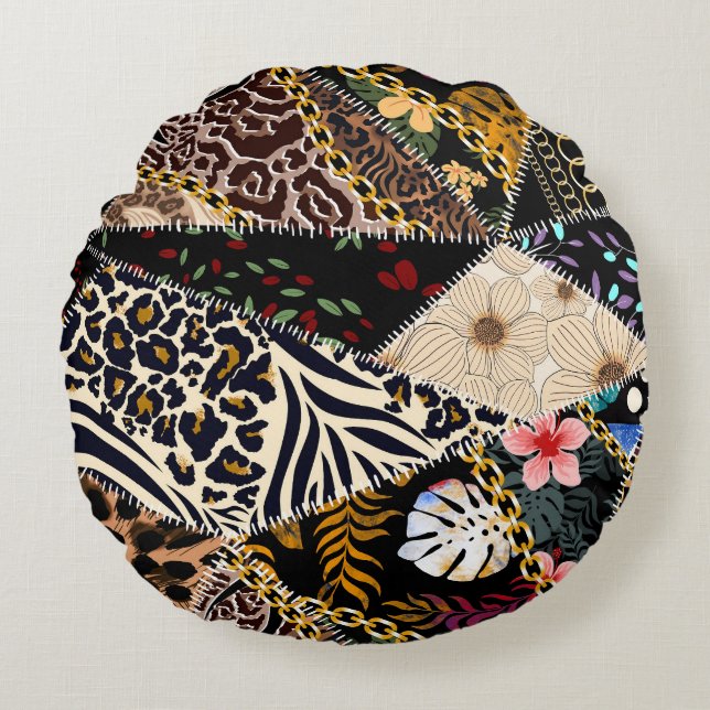 Patchwork luipaard: Etnisch lijnontwerp. Rond Kussen (Voorkant)