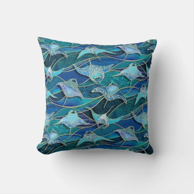 Patchwork Manta Rays in saffier turquoise blauw Kussen (Voorkant)