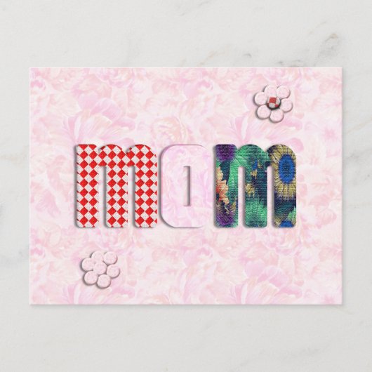 Patchwork "MOM" met roze rozen achtergrond Briefkaart (Voorkant)