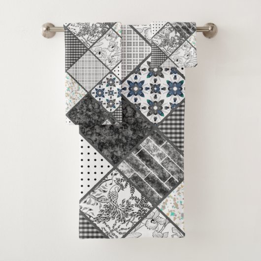 Patchwork monochrom zwart grijs witte vlek qui bad handdoek (Insitu)