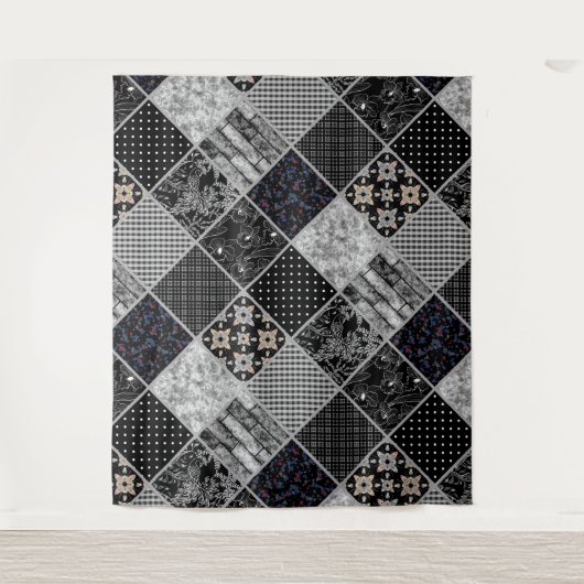 Patchwork monochrom zwart grijs witte vlek qui wandkleed (Voorkant)
