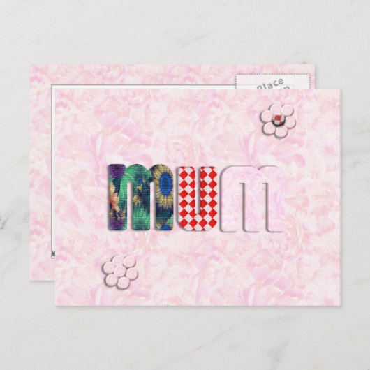Patchwork 'MUM' op Roze Roze Achtergrond Briefkaart (Voorkant / Achterkant)