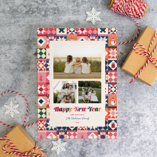 Patchwork Nieuwjaar Meerkleurig Drie Foto Feestdagenkaart