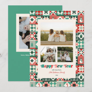 Patchwork Nieuwjaar Rood en Groen Drie Foto's Feestdagenkaart