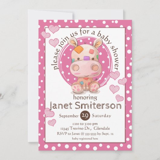 Patchwork Nijlpaard Baby Shower, roze Kaart (Voorkant)