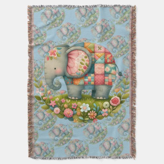 Patchwork Olifant Bloemrijke Weide Charme Deken (Voorkant Verticaal)