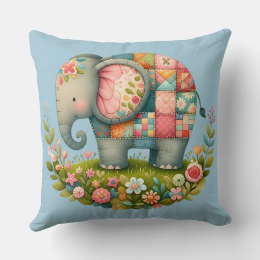 Patchwork Olifant Bloemrijke Weide Charme Kussen (Achterkant)