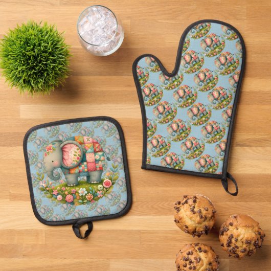 Patchwork Olifant Bloemrijke Weide Charme Ovenwant & Pannenlap Set (Top down)