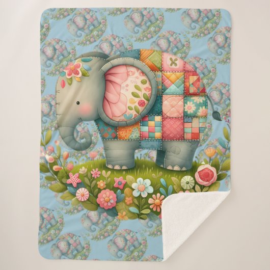 Patchwork Olifant Bloemrijke Weide Charme Sherpa Deken (Voorkant)