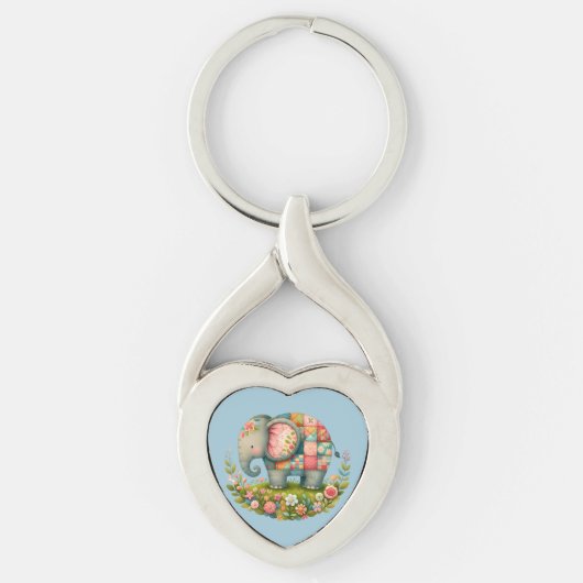 Patchwork Olifant Bloemrijke Weide Charme Sleutelhanger (Voorkant)