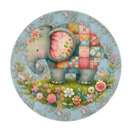 Patchwork Olifant Bloemrijke Weide Charme Snijplank (Voorkant)