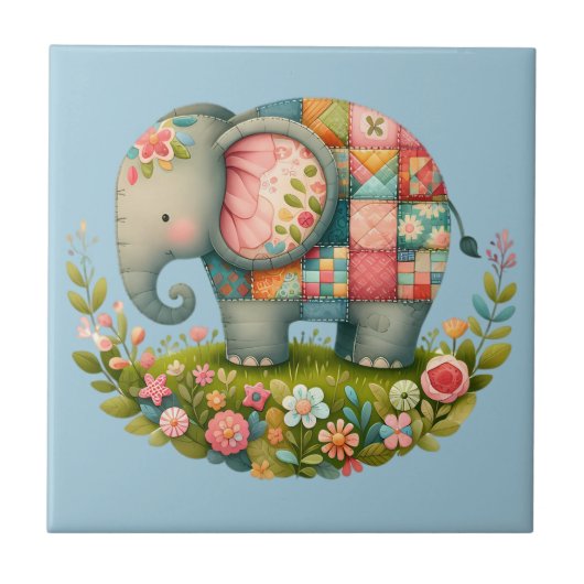 Patchwork Olifant Bloemrijke Weide Charme Tegeltje (Voorkant)