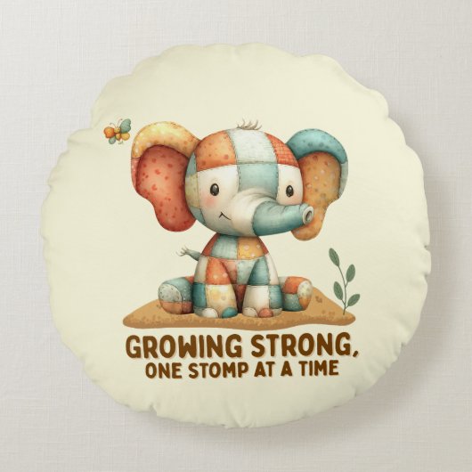Patchwork Olifant “Groeiend Sterk Rond Kussen (Voorkant)