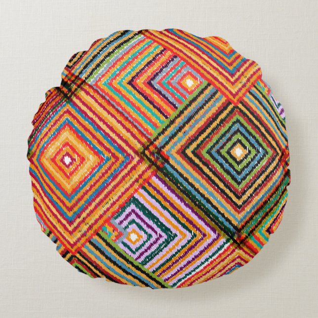 Patchwork ontwerp met Aztec Squares. Rond Kussen (Voorkant)