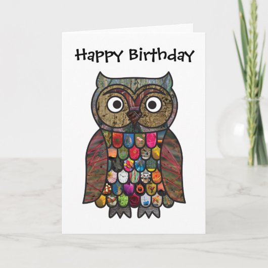Patchwork Owl Birthday Card Kaart (Voorkant)