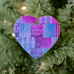 Patchwork Paarse en blauw Keramisch Ornament