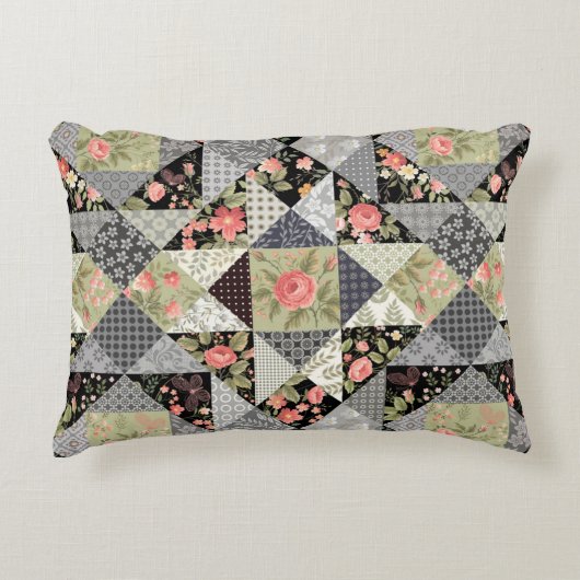 Patchwork Patroon Butterflies Flowers Foliage Roos Accent Kussen (Voorkant)