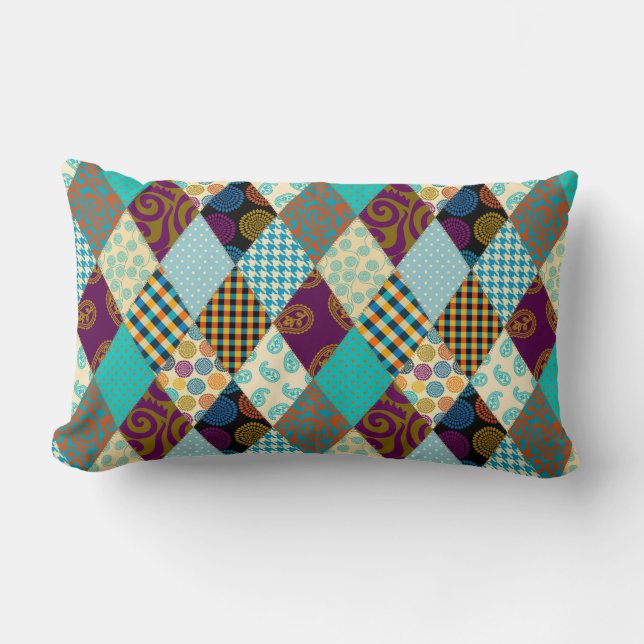 Patchwork Patroon Geometric Pset Blue Paarse Stipp Kussen (Voorkant)