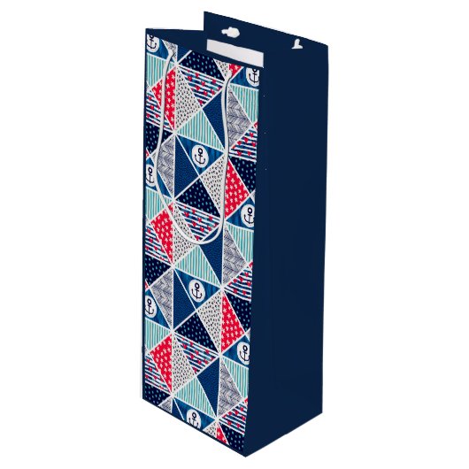 Patchwork Patroon met Nautical Element Polka Dot Wijn Cadeautas (Voorkant Gekanteld)
