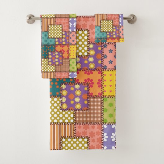 Patchwork-patroonbloemen Polka Dot Stripe Bad Handdoek (Insitu)