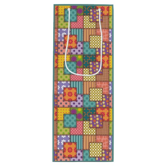 Patchwork-patroonbloemen Polka Dot Stripe Wijn Cadeautas (Voorkant)