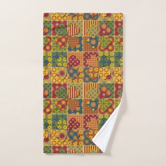 Patchwork Pattern Heart Button Stripe Green Yellow Bad Handdoek (Handdoek)