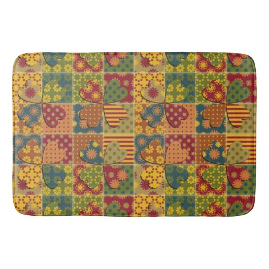 Patchwork Pattern Heart Button Stripe Green Yellow Badmat (Voorkant)