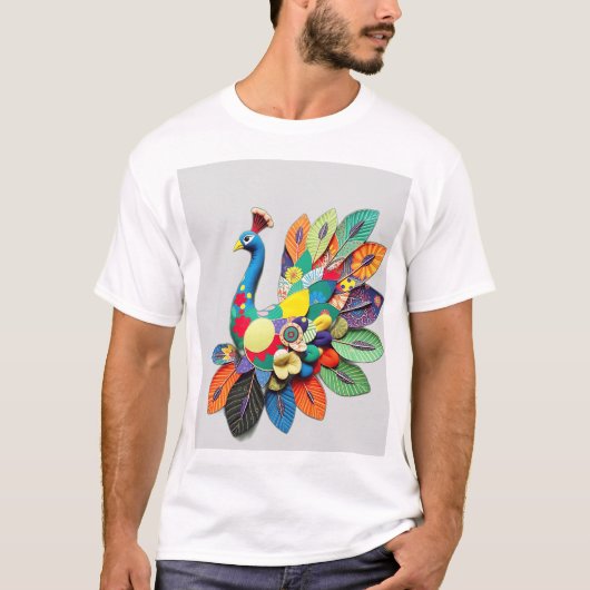 Patchwork Pauw Illustratie T-shirt (Voorkant)