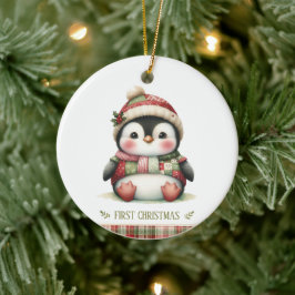 Patchwork Pinguïn Eerste Kerstmis Aandenken Foto Keramisch Ornament