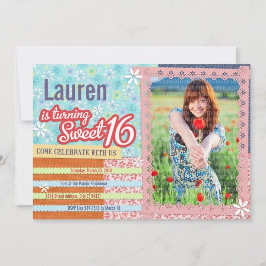 Patchwork & Pink Lace Sweet 16 foto uitnodiging (Voorkant)