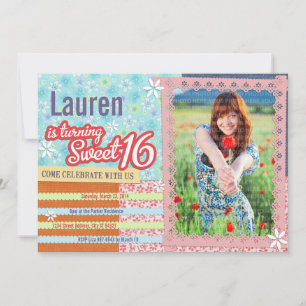 Patchwork & Pink Lace Sweet 16 foto uitnodiging