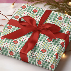 Patchwork Poinsettia Hulst Kerstpatroon Cadeaupapier