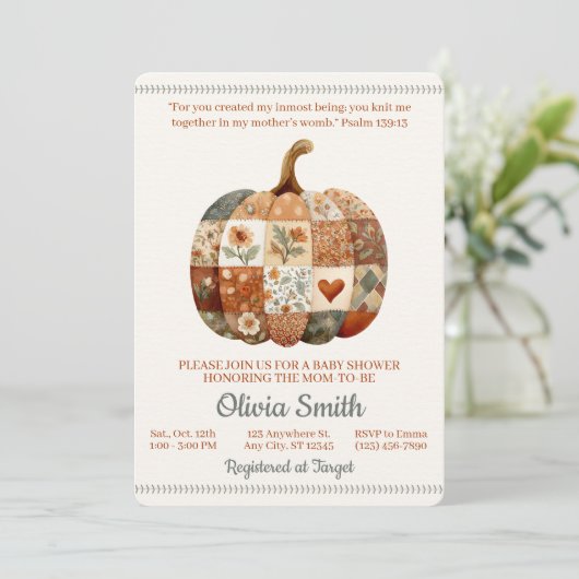 Patchwork Pompoen Bijbeltekst Baby Shower Uitnodig Kaart (Staand voorkant)