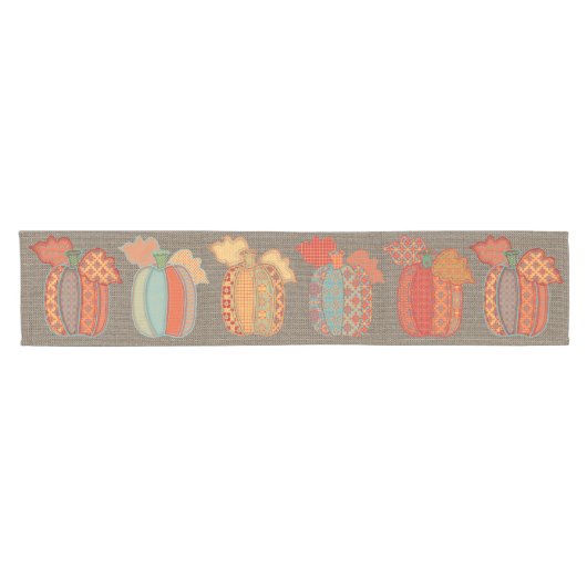 Patchwork Pumpkins op Faux Burlap Table Runner Korte Tafelloper (Horizontaal)