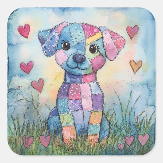 Patchwork Puppy Valentijn Vierkante Sticker (Voorkant)