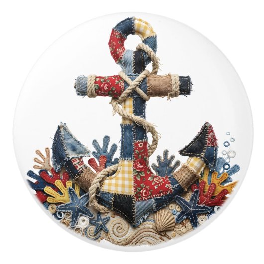 Patchwork Quilt Anchor Keramische Knop (Voorkant)